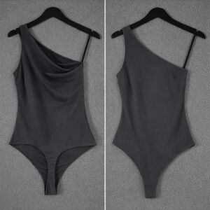 One-Shoulder Gray thong Bodysuit